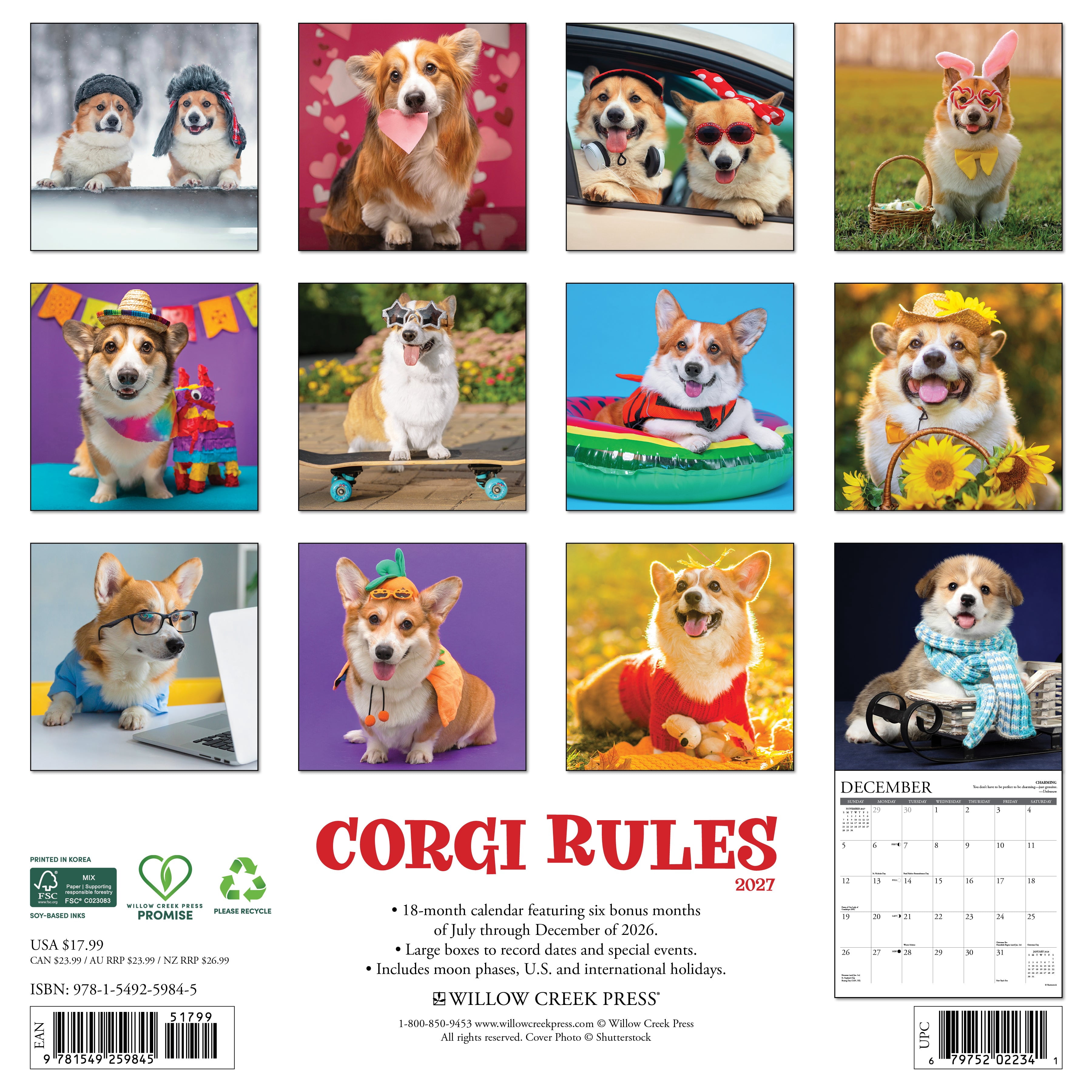 Willow Creek Press, Corgi Rules 2027 Wall Calendar