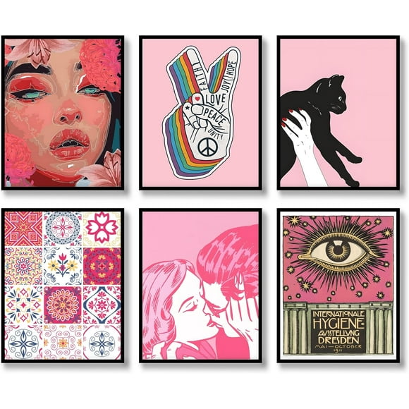 Retro Wall Art Prints Set of 6 Aesthetic Gallery Pink Preppy Canvas Posters Trendy Maximalist Eclectic Canvas Funky Retro Coquette Wall Decor for Living Room Bedroom Corridor (B, 11"x14" UNFRAMED)