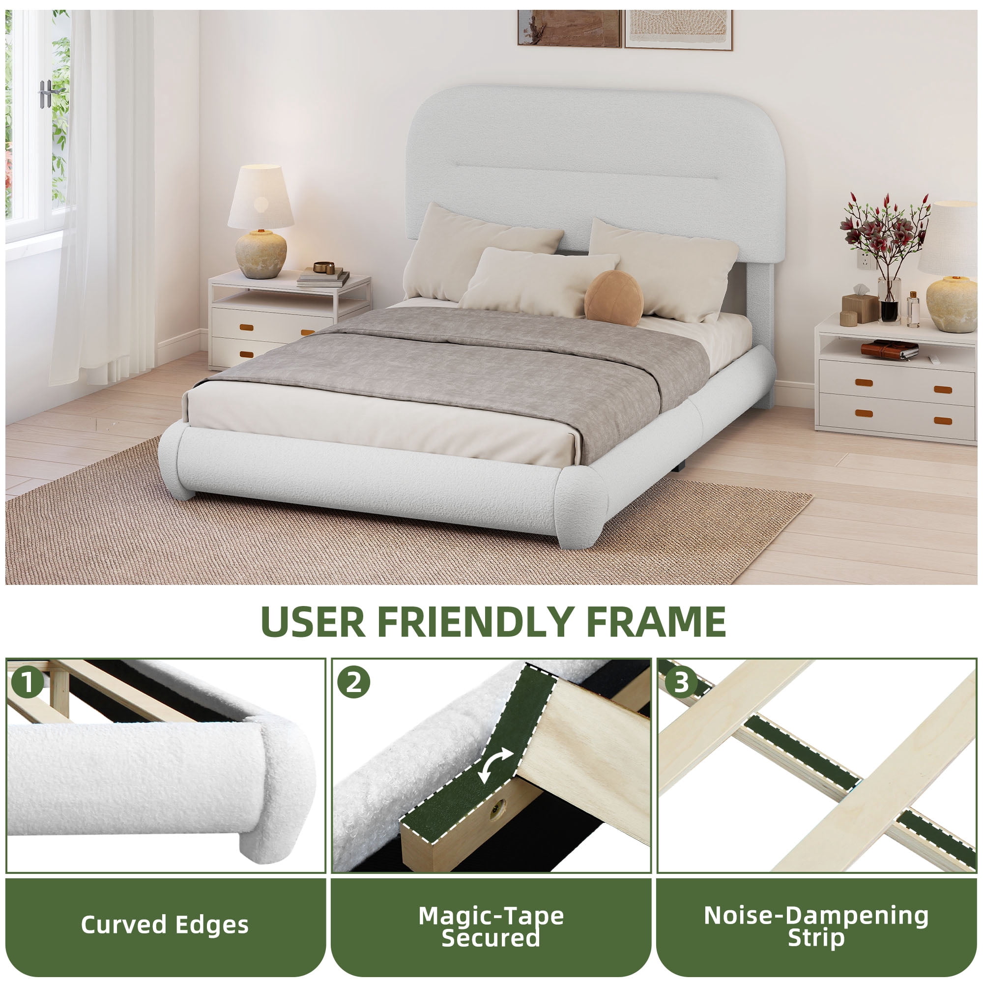 Uforic Queen Size Boucle Bed Frame with Adjustable Headboard & Rounded Edges, No Box Spring Needed, White