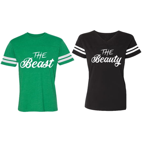 The Beast The Beauty Matching Couple Cotton Jerseys (Men Green / Women Black) (Men S / Women S)