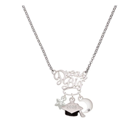 Delight Jewelry Silvertone 3-D Graduation Hat with 2026 Silvertone Dream Big Pendant Necklace, 25"