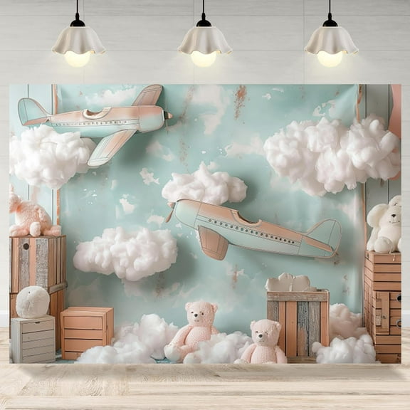 Green Airplane Baby Shower Backdrop White Clouds Bear Baby Shower Photography Background Travel Around The World Newborn Shower Birthday Party Decorations Banner Photo Booth Props
