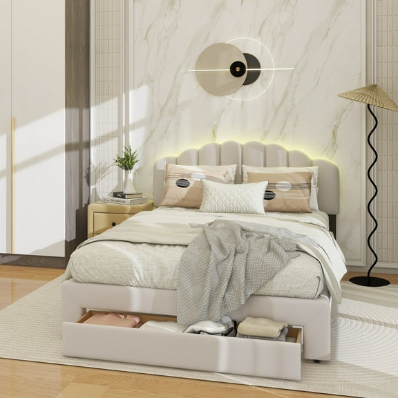 Teddy Fleece Queen Size Upholstered Platform Bed with Drawer, Beige