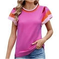 thumbnail image 2 of FcBaudy Hauts pour Femmes, Chemisiers et Chemises à Manches Courtes à Col Rond Mode Décontractée pour Femmes Printemps et Été Nouveau Chandail à Col Rond Tricoté à Couleurs Contrastées Doux à Manches Courtes pour Femmes Blouse en Polyester, 2 of 6