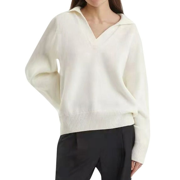 Seyurigaoka Women's Autumn Winter Knitted Pullover Solid Color Long Sleeve Lapel V Cut Sweater