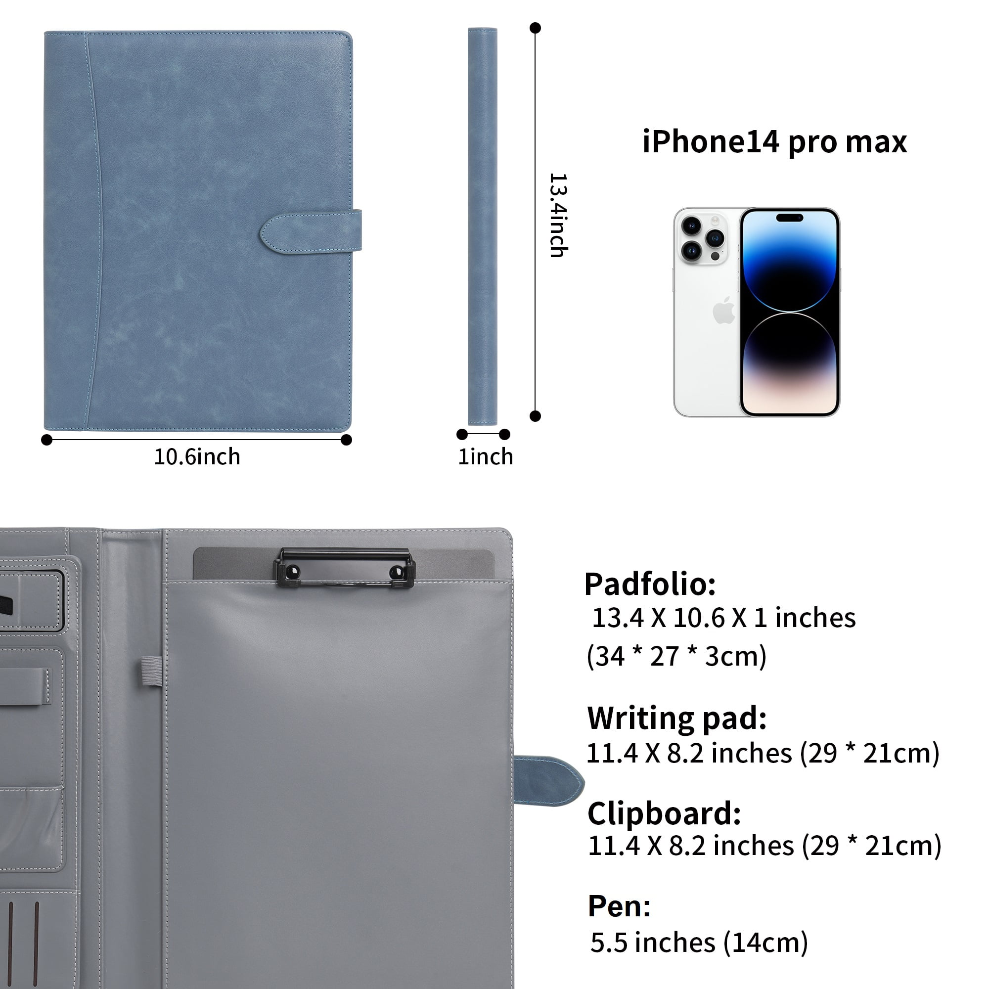 Wason Portfolio Padfolio A4 Leather Holder File Document Case with Writing Pad and Removable Clipboard for Organizer Office School Travel (Blue)