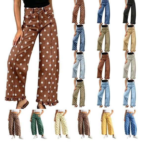 Dzrciro Jeans for Women, Polka Dot High Waist Wide Leg Jeans with Pockets, Casual Loose Vacation Beach Trousers S-XL