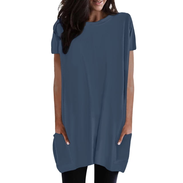 WEAIXIMIUNG T-Shirts Graphiques pour Femmes avec Chien, Mode Décontractée, Couleur Unie, Col Rond, Manches Courtes, Poche, Long Haut
