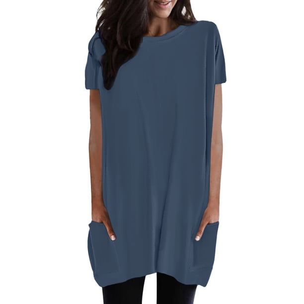 Gibobby Playera De Algodón Mujeres Casual Moda Simple Color sólido Cuello redondo Manga corta Bolsillo Largo Top(Azul marino, S)