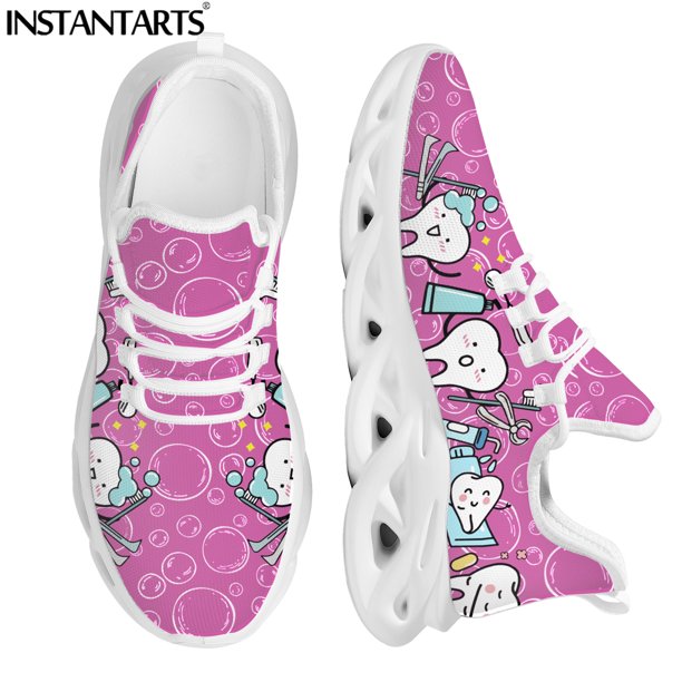 Zapatos planos blancos con estampado de dientes de dibujos animados para mujer, zapatillas de malla con cordones, cómodas para caminar, calzado femenino, zapatos para dentistas