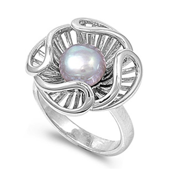 Freshwater Simulated Pearl Elegant Unique Flower Ring ( Sizes 6 7 8 9 10 ) .925 Sterling Silver Band Rings (Size 10)