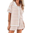 thumbnail image 3 of Women Short Sleeve Striped 2 Piece Pajama Sets Crochet Knit Button Top & Shorts Lounge Sets, 3 of 6