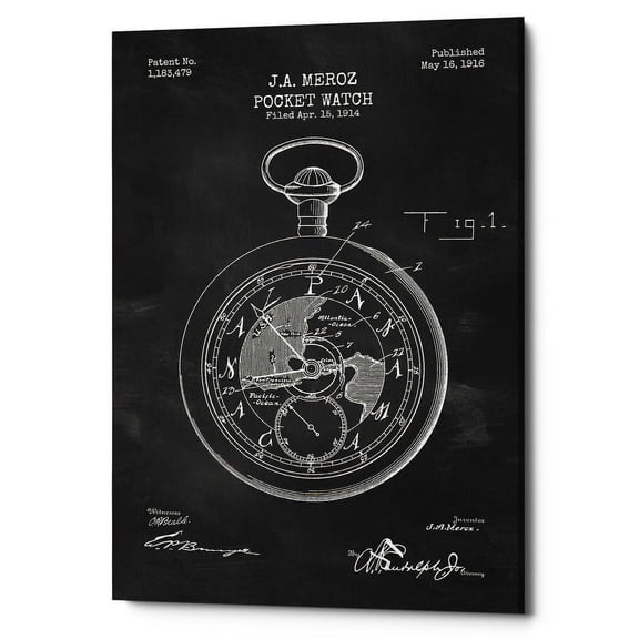 Epic Graffiti "Pocket Watch Blueprint Patent Chalkboard" Giclee Canvas Wall Art, 12" x 18" 26" x 40"