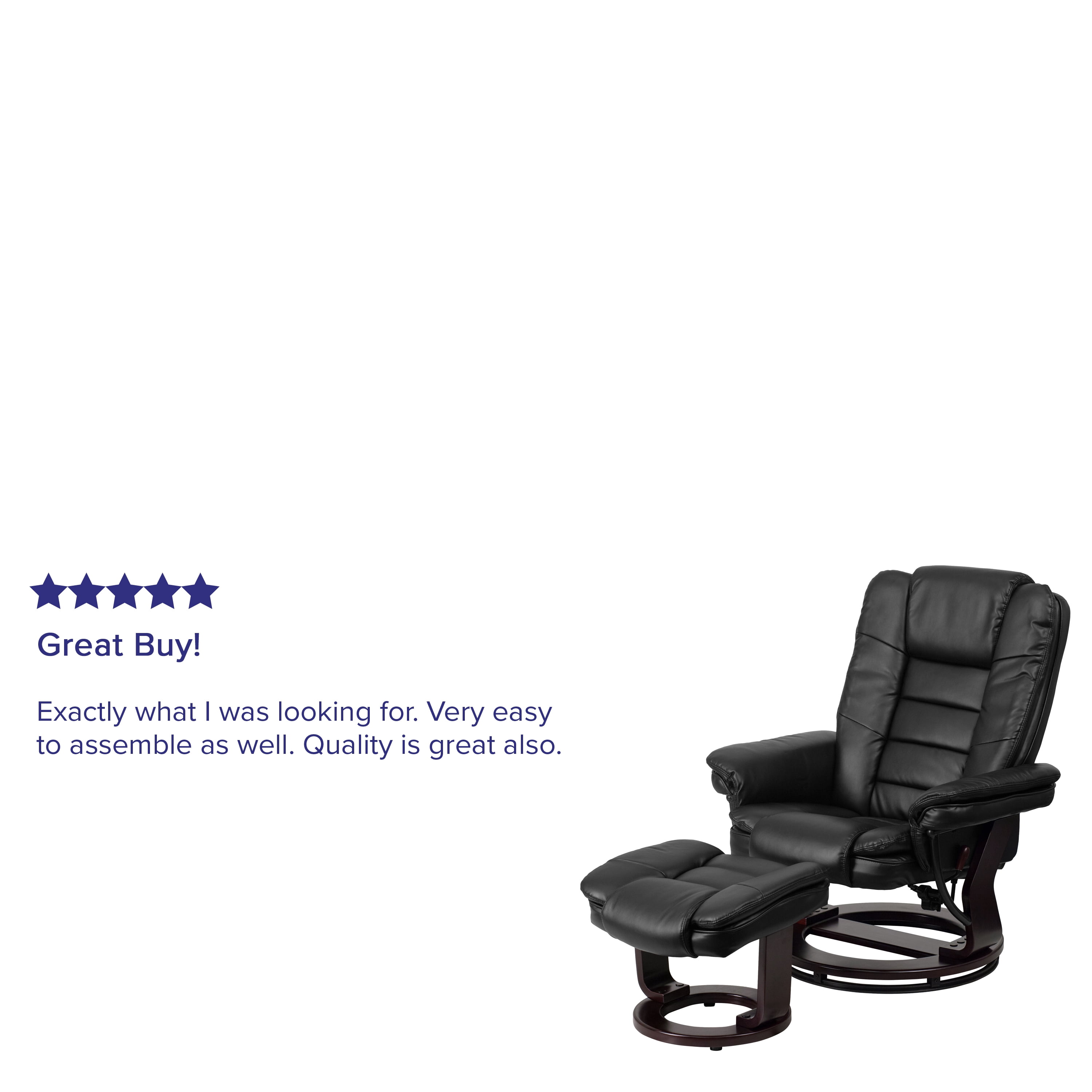 BizChair Contemporary Multi-Position Recliner with Horizontal Stitching and Ottoman with Swivel Mahogany Wood Base in Black LeatherSoft