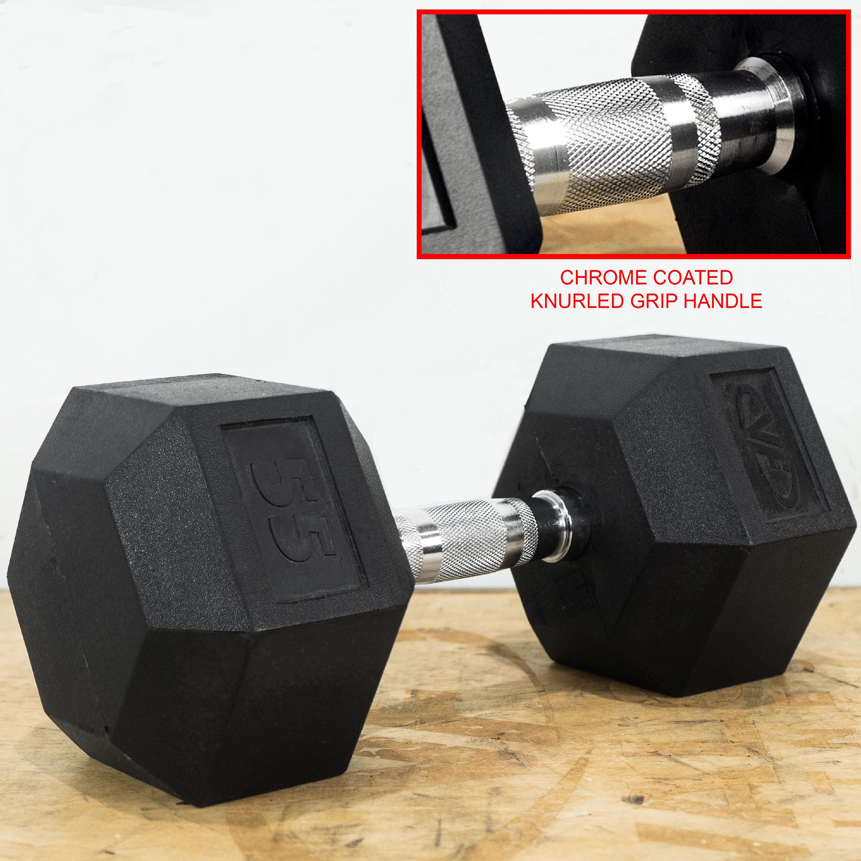 Valor Fitness 55Lb Rubber Hex Dumbbell-Finish:Black/Chrome