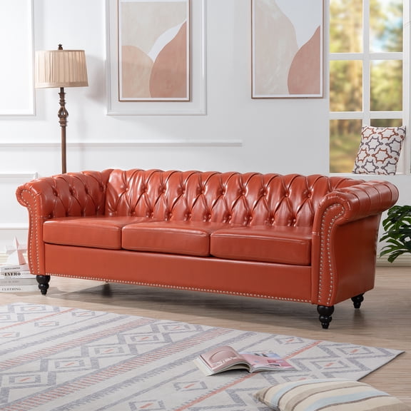 84.65" PU Leather Chesterfield Sofa, Rolled Arm 3-Seater with Classic Design for Living Room, Durable & Easy to Clean, Orange