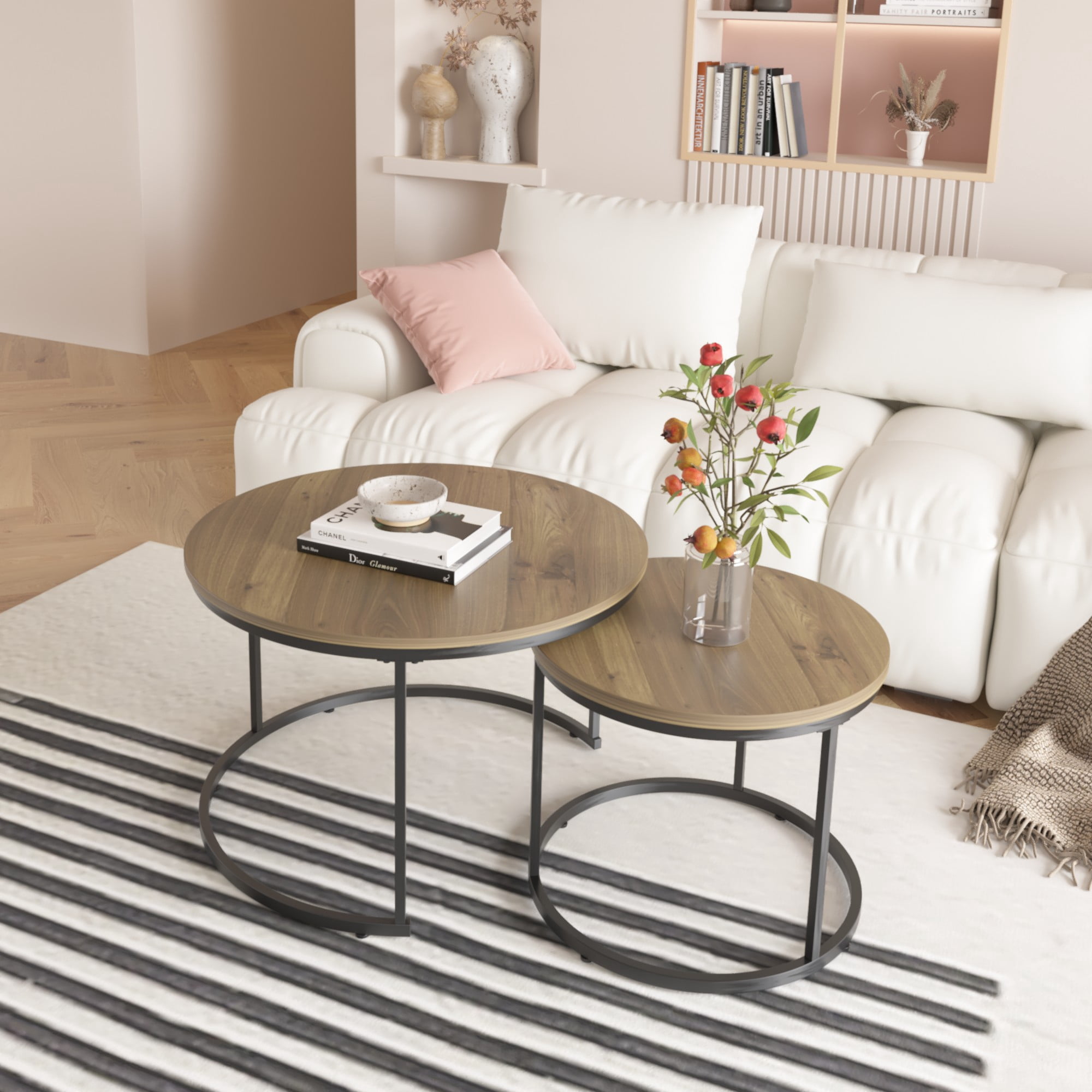 Coffee Table Set of 2,27.6 inch Round Coffee Table with Sturdy Metal Frame,End Table Side Tables for Living Room Bedroom,Brown