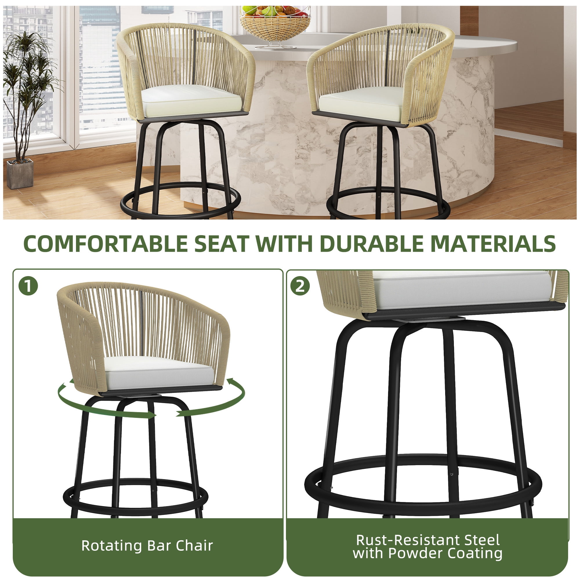 Uforic Outdoor Swivel Bar Stools Set of 2, Patio Woven Chairs with Soft Cushions, Footrests, and Ergonomic Design, 360° Swivel for Backyard, Garden, Balcony, Beige