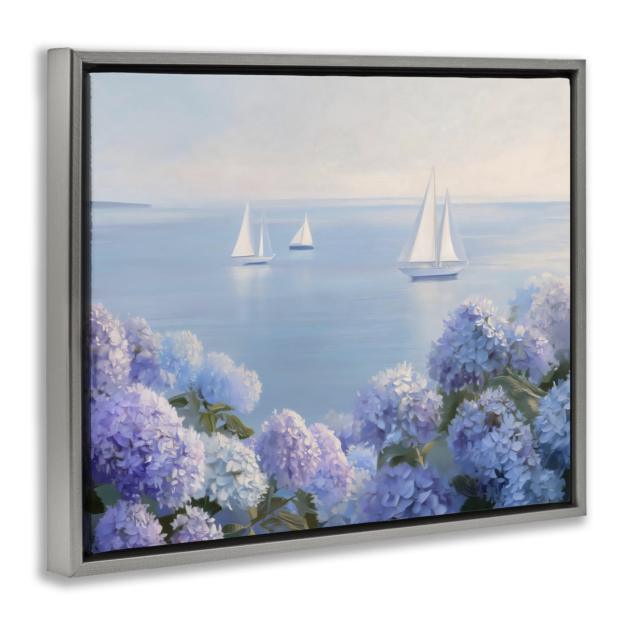 Stupell Industries Sailboats & Hydrangeas at Sea Gray Framed Floater Canvas Wall Art, design by LSR Design Studio