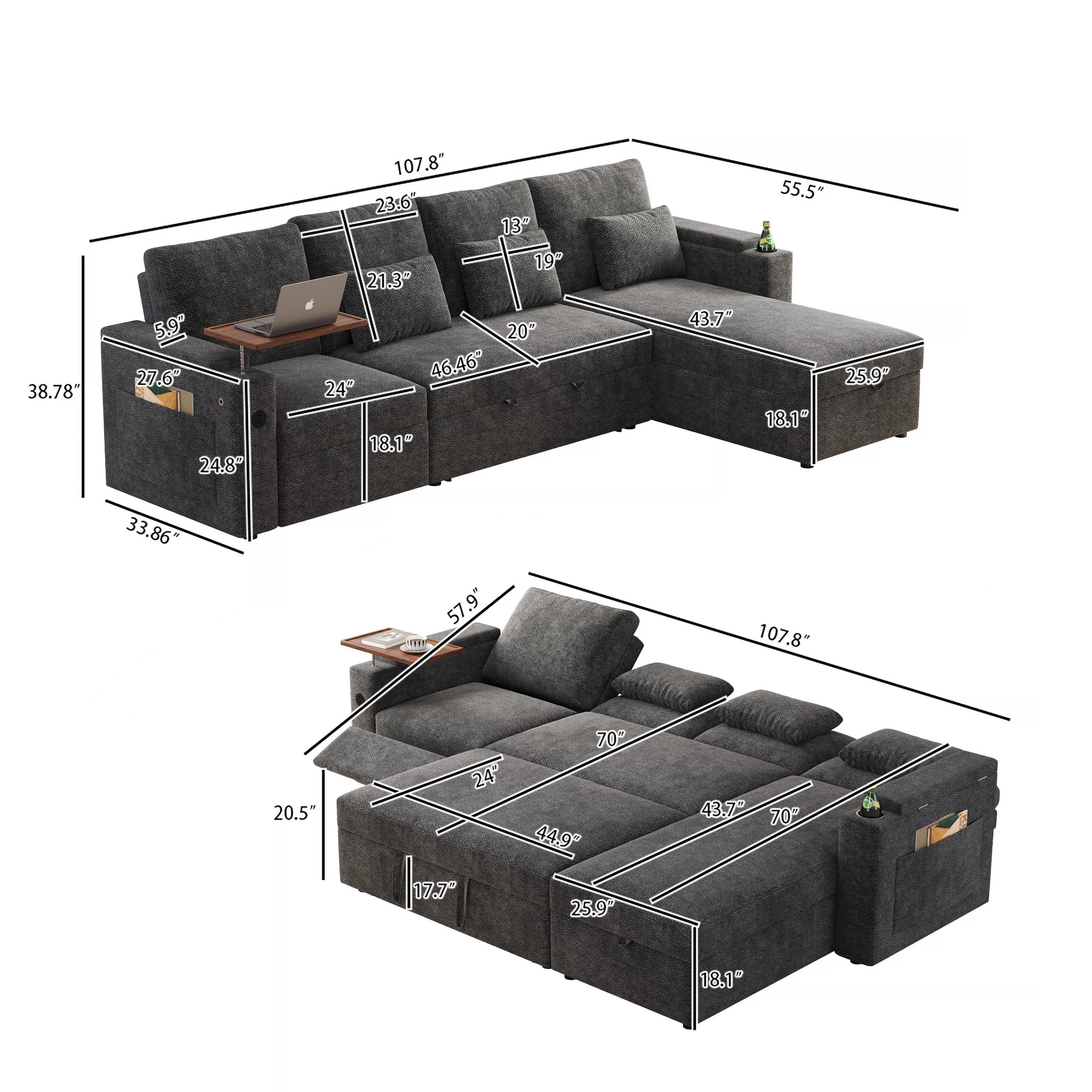 AISWORD 108" 3-in-1 Convertible Pull Out Sofa Bed, 6 Position Adjustable Sleeper Couch with USB Ports, Laptop Table, Cup Holders & Side Storage Pockets, Gray