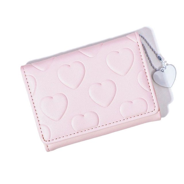 Monedero pequeño con adornos de amor para mujer, monedero corto de PU con relieve de amor