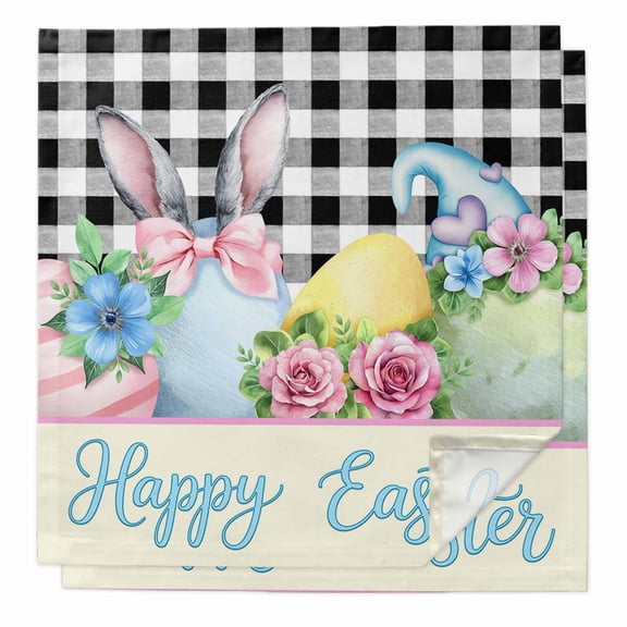 Easter Cloth Napkins, Spring Watercolor Bunny Eggs Flowers Black Plaid Washable and Reusable Dinner Napkins Set of 2, Table Napkin for Kitchen Party Birthday Wedding Hotel Housewarming 20"x20"