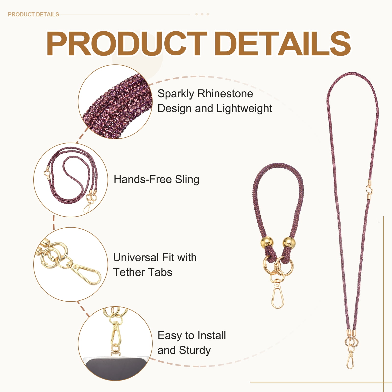 Uxcell Crystal Phone Strap Crossbody and Wrist Lanyard, Anti Theft Phone Strap Rhinestone Cell Phone Lanyard Necklace with Tether Tabs for Most Smartphones Women, Light Purple
