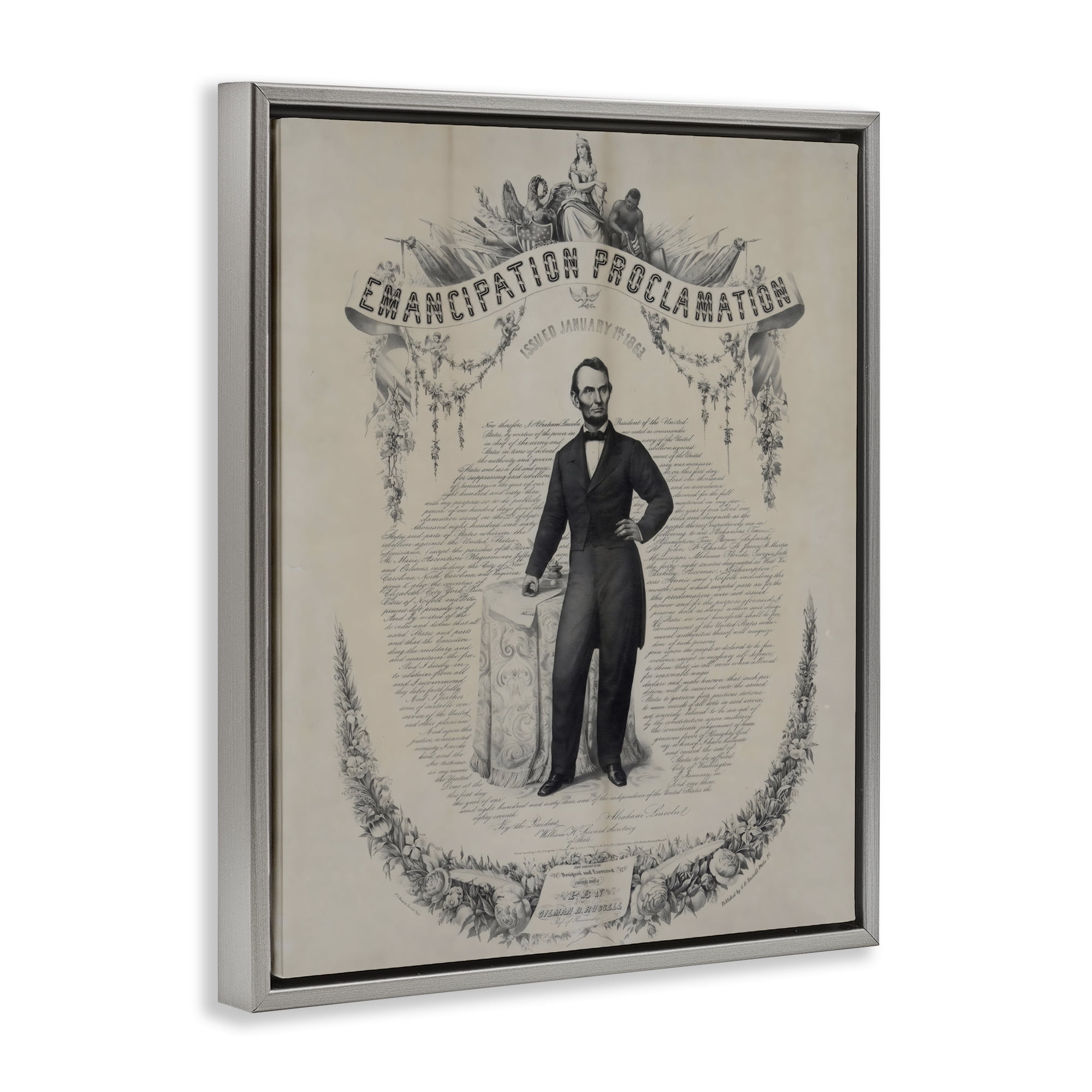 Stupell Industries Lincoln with Emancipation Proclamation Gray Framed Floater Canvas Wall Art, design by Arlington Prints