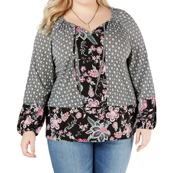 Style & Co. Womens Mixed Print Peasant Blouse, Multicoloured, Plus Size, 1X