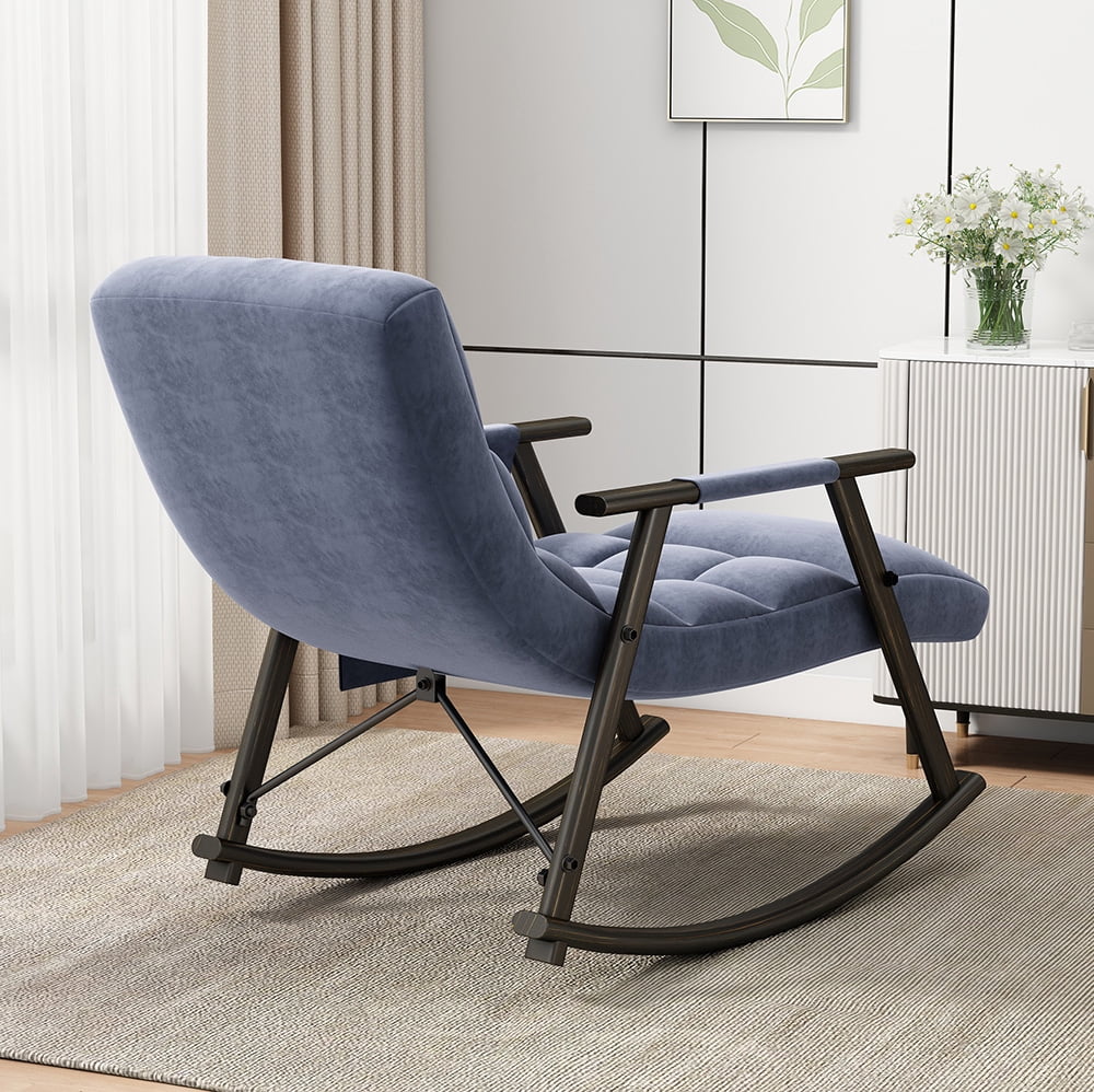 Accent Folding Rocking Recliner Chair with Side Pocket, Upholstered Nursery Glider Chair with 5 Adjustable High Back for Living Room Bedroom Balcony, Blue
