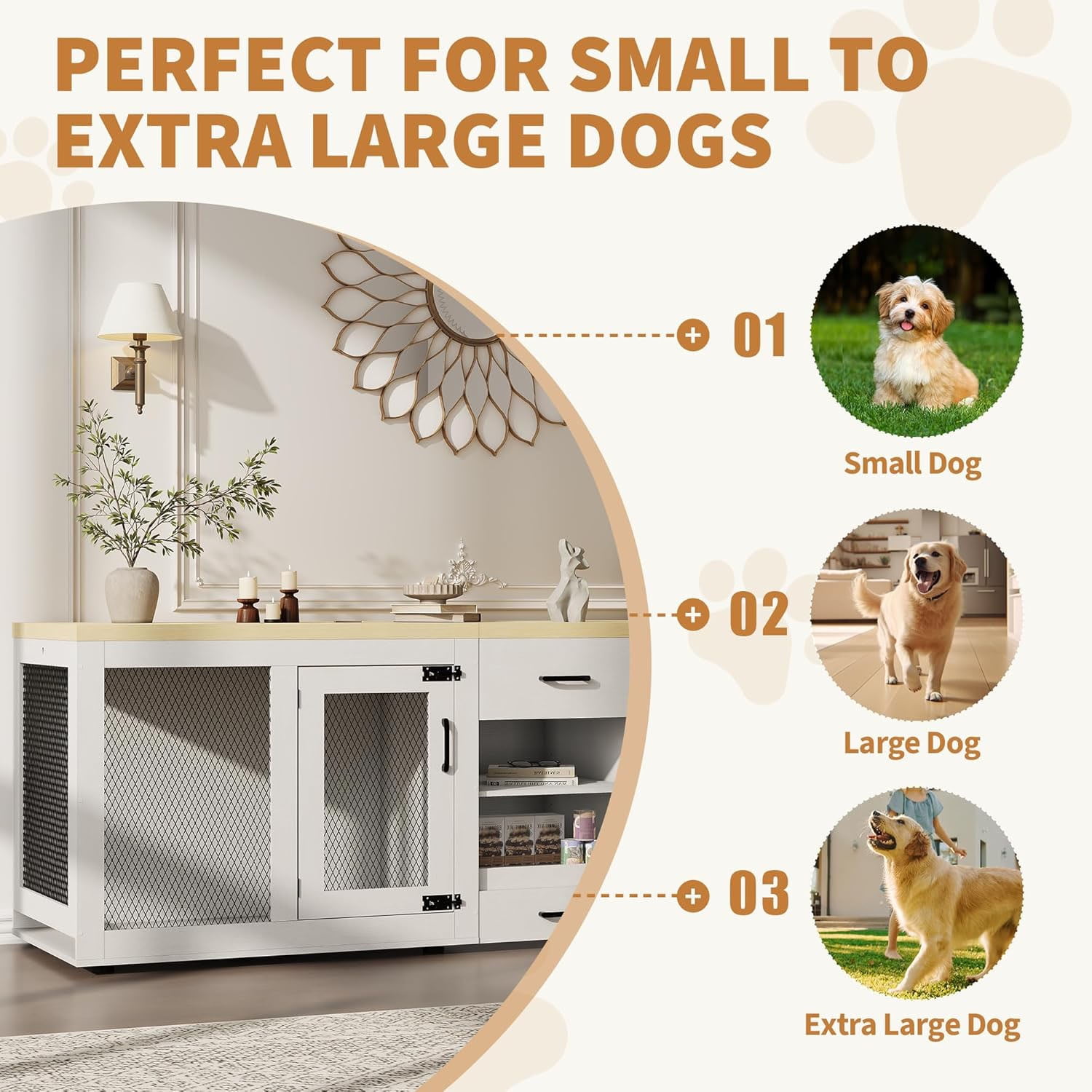 Extra Large Dog Crate Furniture, 90 Inch Wooden Dog Kennel Furniture for 2 Dogs, Furniture Style Dog Crate with 4 Bowls Heavy Duty Indoor Double Dog Crate with Feeding Drawer & Storage Shelves