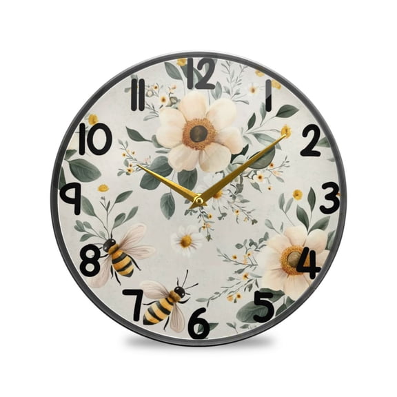 Bees and Flowers Round Acrylic Wall Clock Silent Battery Operated Home Decor for Living Room Bedroom
