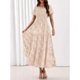 thumbnail image 2 of Beige Floral Tiered Maxi Dress Square Neck Short Sleeve Smocked Waist Flowy, 2 of 27