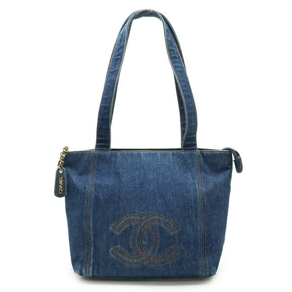 Pre-Owned CHANEL Coco Mark Denim Tote Bag Shoulder Blue