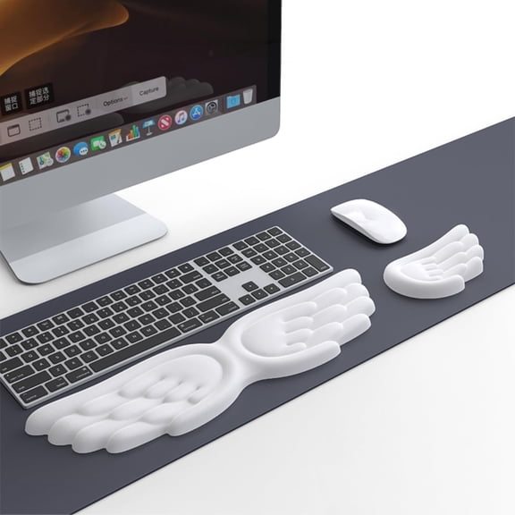 GJX Angel Wing Wrist Rest Ergonomic Memory Foam Wrist Rest for Computer Keyboard Mouse Set,Cute Gaming Keyboard Cushion Hand Support Pu Leather Surface Anti-Slip Waterproof White