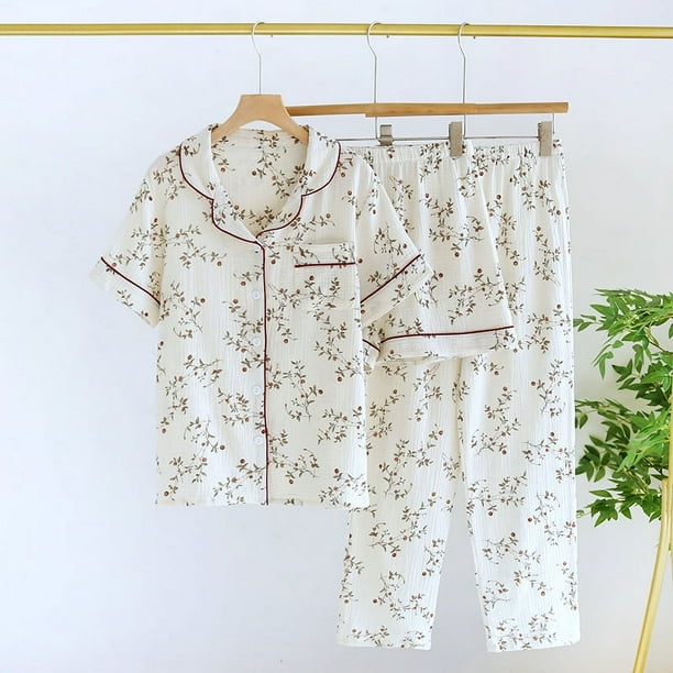 Pijamas de mujer primavera y otoño verano gasa de algodón fino pantalones cortos de manga larga conjunto de tres piezas conjunto de ropa de hogar pastoral