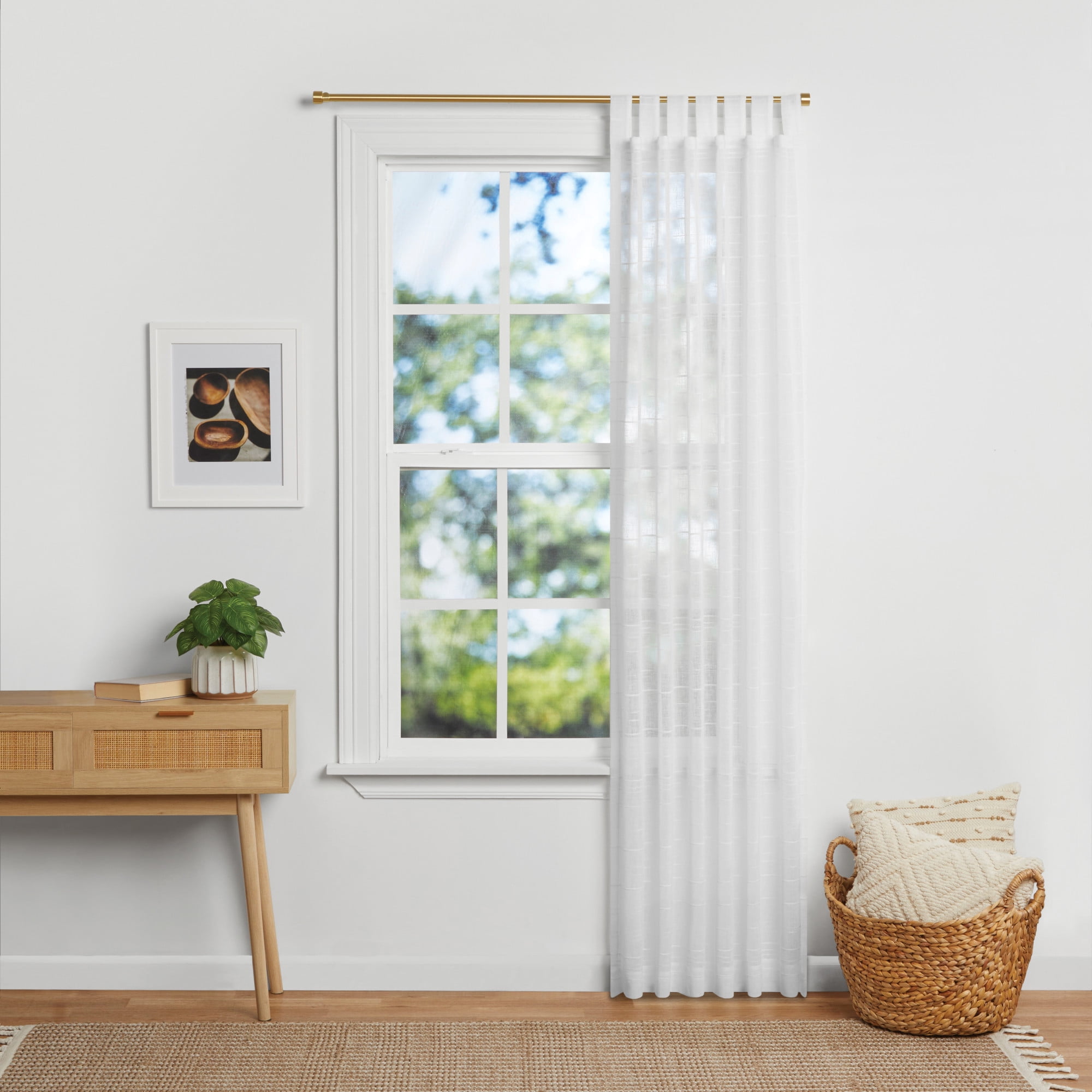 Mainstays Woven Stripe Arctic White Sheer Tab Top Single Curtain Panel, 50" W x 84'L