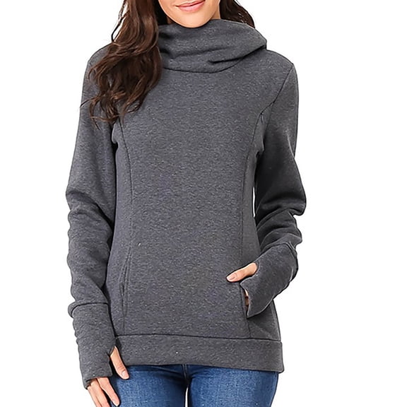 BRGZLK Maternity Cowl Neck Hoodie Tops Casual Fashion Solid Color Diagonal Zipper Long Sleeve Hoodie Pullover Blouse Dark Gray L