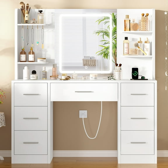 TEENFON Vanity set with Mirror, Vanity Desk with Mirror and Lights, Makeup Vanity Table with 7 Drawers, 4 open shelves, Dressing Table for Bedroom, White