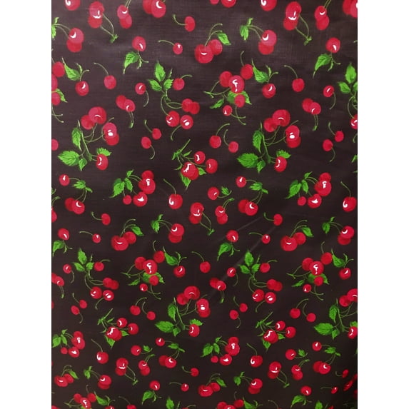 Small Cherries Print Broadcloth Fabric, 60" Wide, Sells by the Yard from Sal Tex Fabrics, Black Background