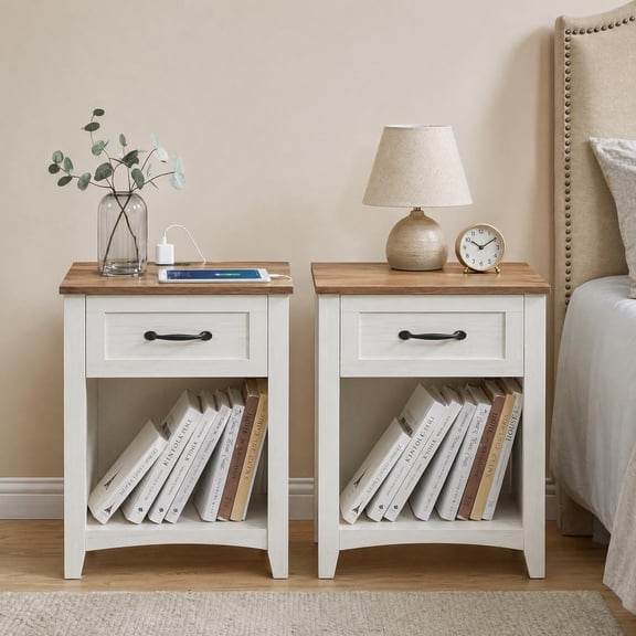 QinaQin Farmhouse Nightstands Set of 2 with Charging Station, 1-Drawer Bedside Tables, End/Side Tables with Storage Shelf for Bedroom, White and Brown