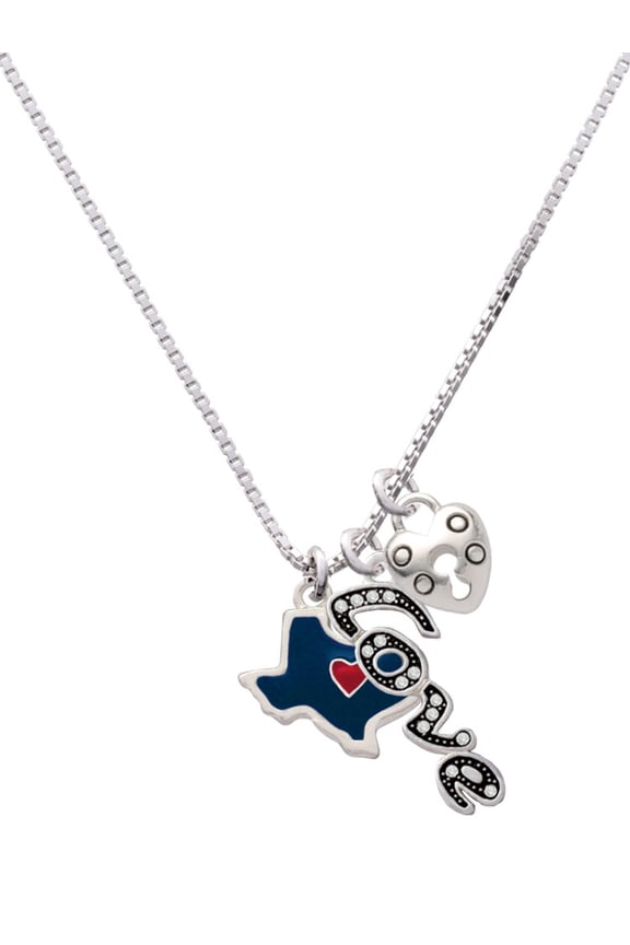 Silvertone Blue Texas with Red Heart - Love and Lock Charm Necklace, 18"+1"