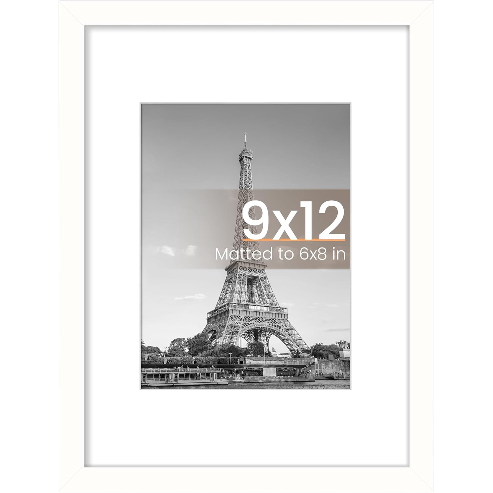 MaxxMarket 9x12 Picture Frame, Display Pictures 6x8 with Mat or 9x12 Without, Wall Hanging Photo Frames, White, 1 Pack