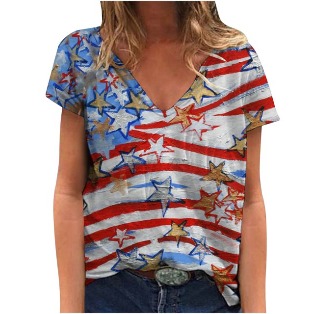 Pompotops Mode Femmes T-shirt Décontracté à Manches Courtes Col en V Imprimé Drapeau