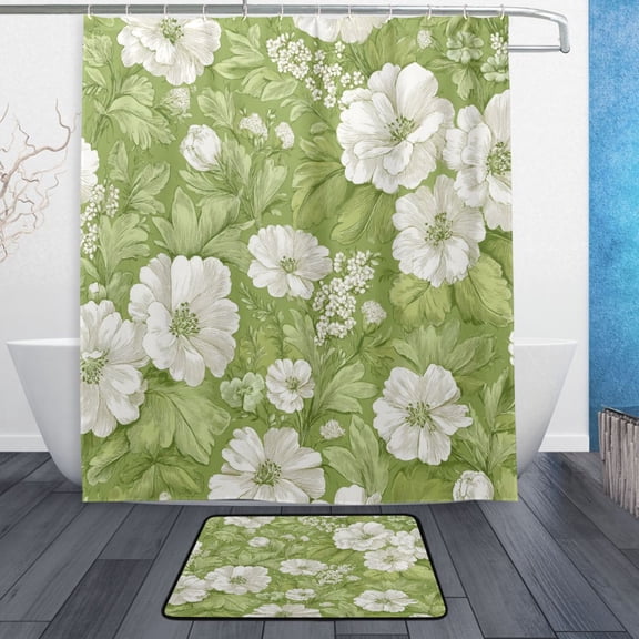 TTYFWHD 60" x 72" Shower Curtain and Bath Mat Set Retro Green Flower Pattern Waterproof Bathroom Curtain with 12 Hooks, Bathroom Decor Set