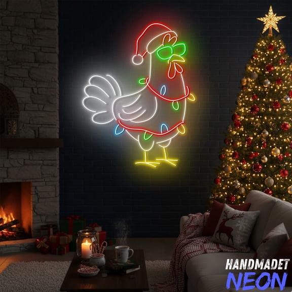 Handmadetneonsign Christmas Chicken Neon Sign, Chicken Lover Gift, Farmhouse Decor For Christmas Day