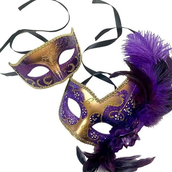 MasqStudio Couples Black Gold Masquerade Ball Mask Pair Feather Mardi Gras Party Valentines Gift for Her