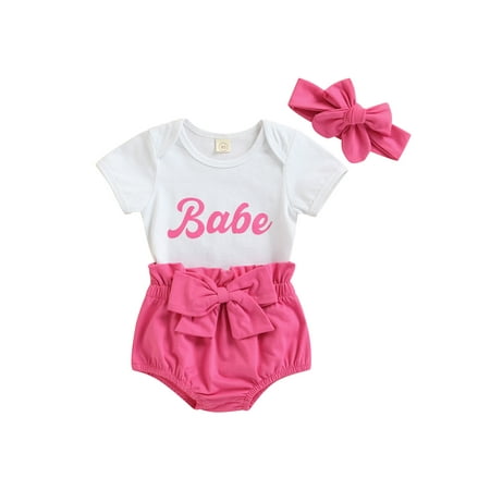 

Emmababy 3 Pcs Baby Girls Casual Outfits Babe Short Sleeve Romper + Paper Bag Pants with Bow + Headband