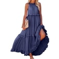 thumbnail image 2 of Mohiass Halter Casual Sleeveless Maxi Dress for Women 2024 Ruched Solid Color Ruffle Long Dress Navy L, 2 of 9