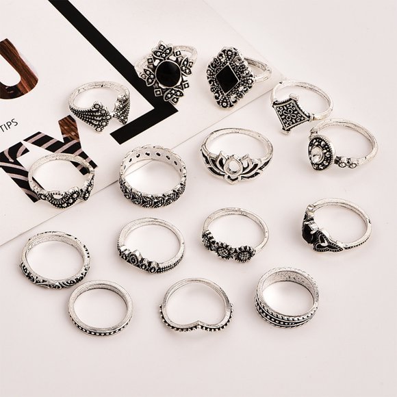 Ruiboury 15pcs Girls Bohemian Retro antique rings Flower Ring Female Antique Rings Jewelry Hand Ornament Holiday Gift